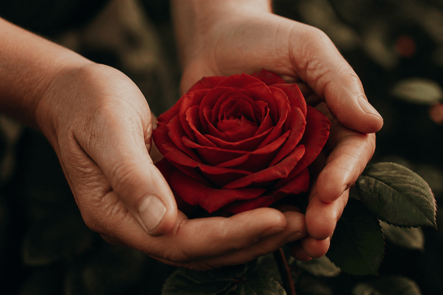 Hands holding a blooming rose