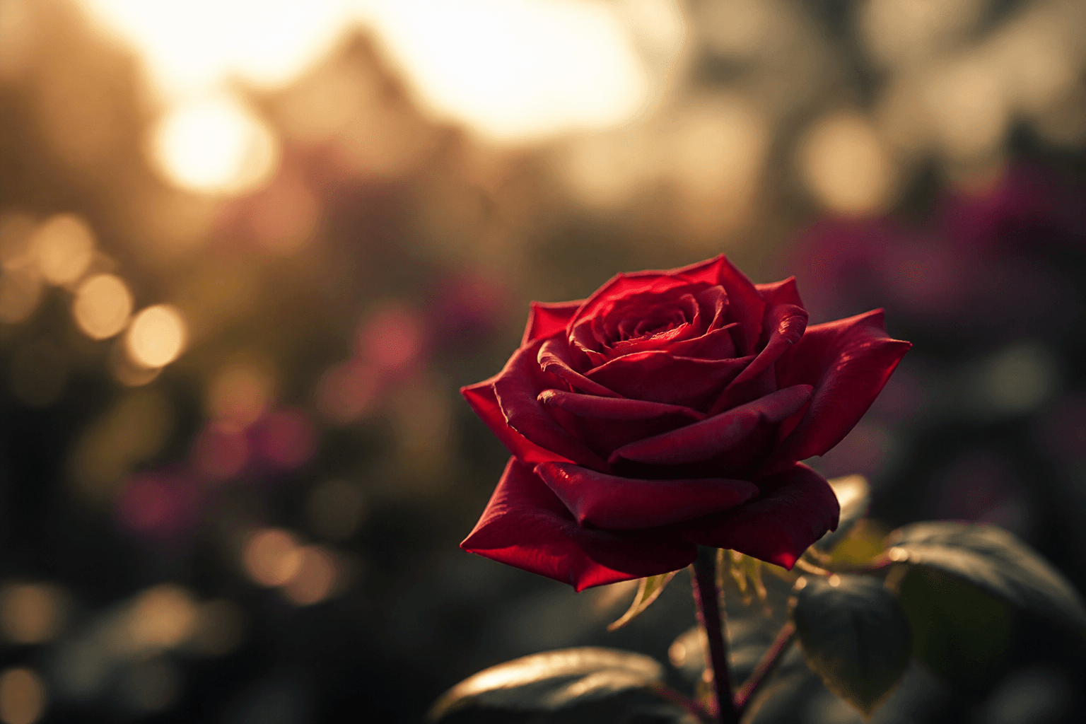 A crimson rose in golden light