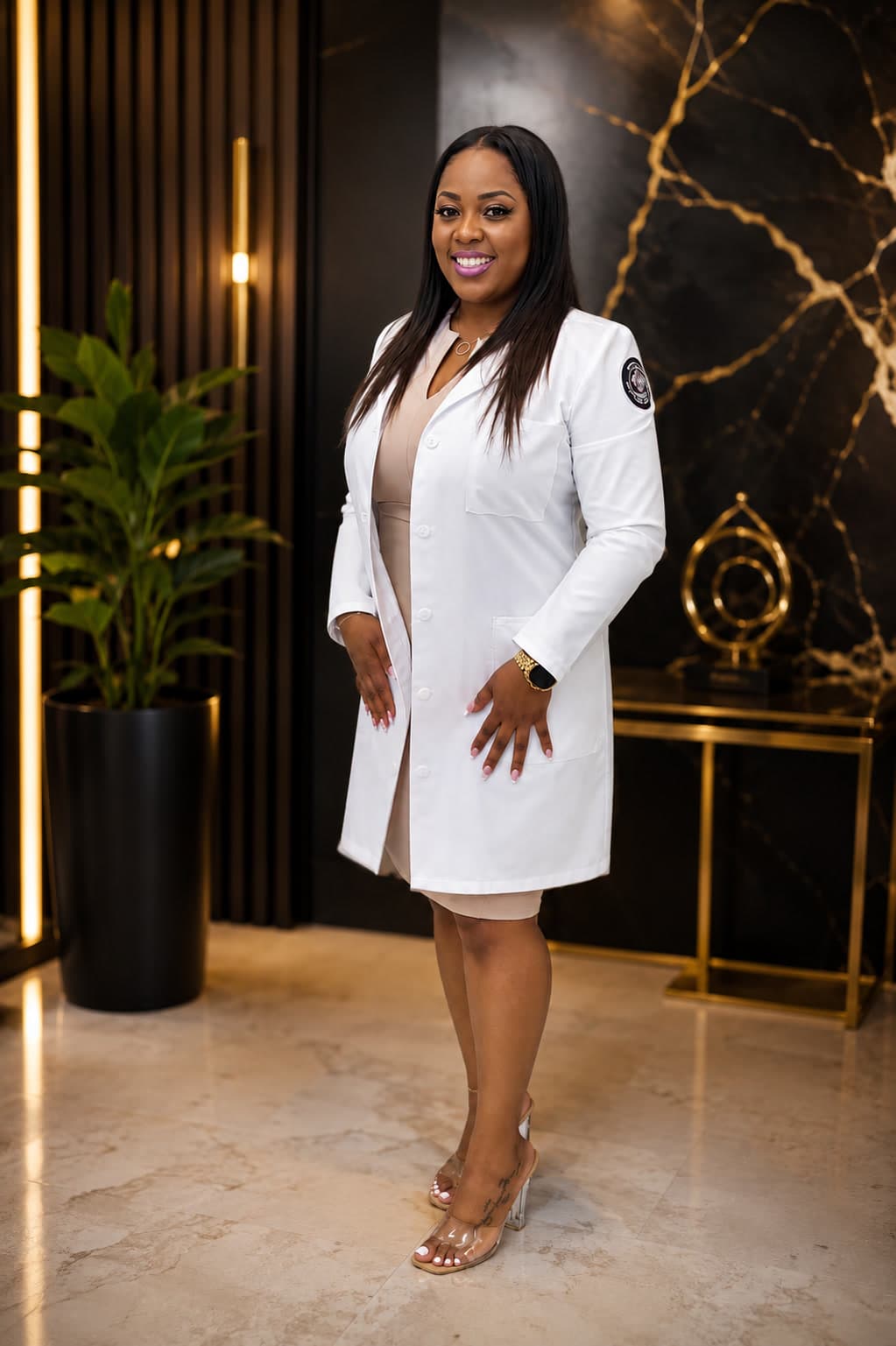 J'Vohnne Rosario, M.S., founder of R.O.S.E. Communication & Therapy Services, in a white lab coat at Lewis University